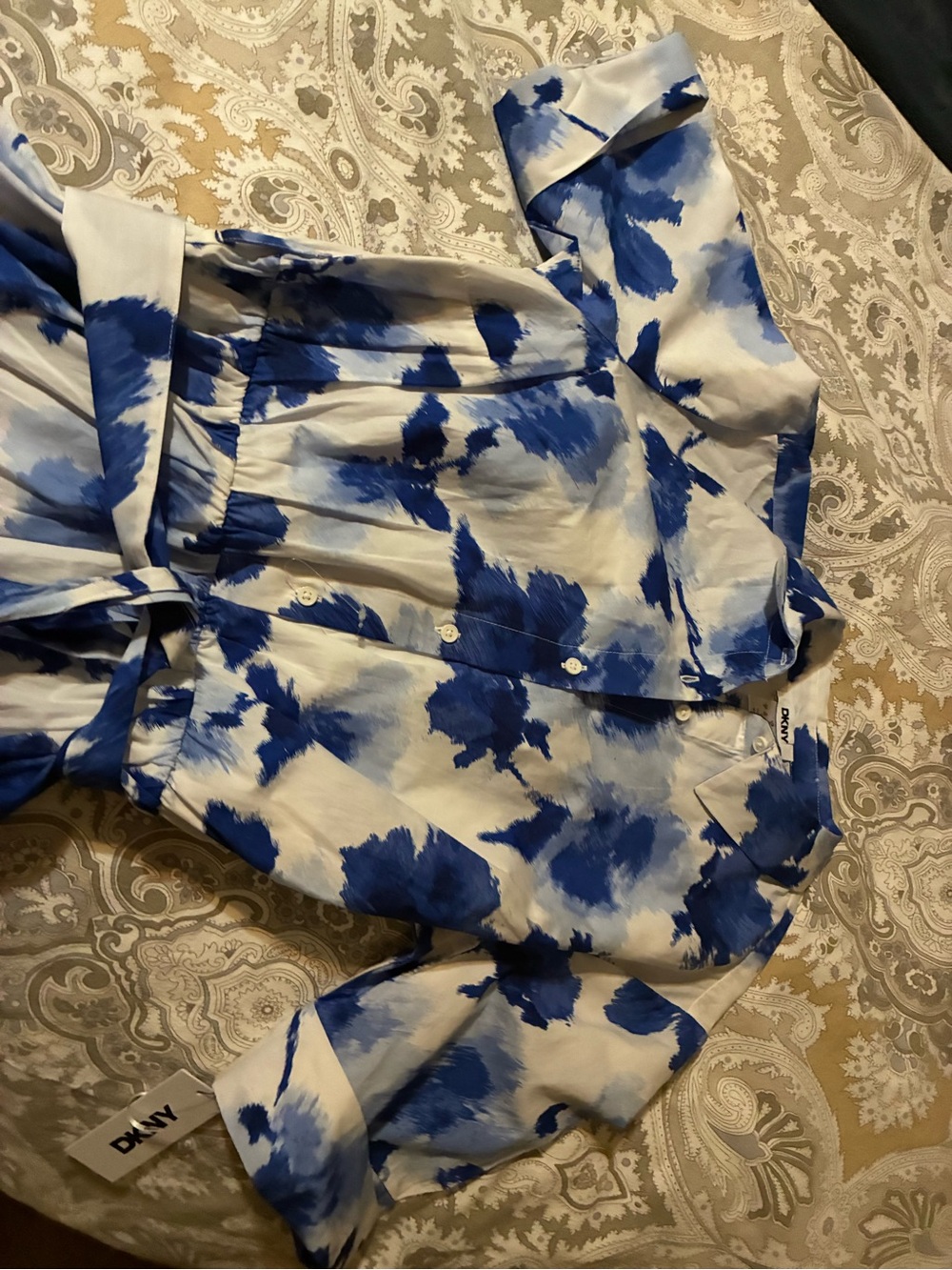 DKNY White Midi Dress with Blue Watercolor Floral Print - Picture 3 of 5